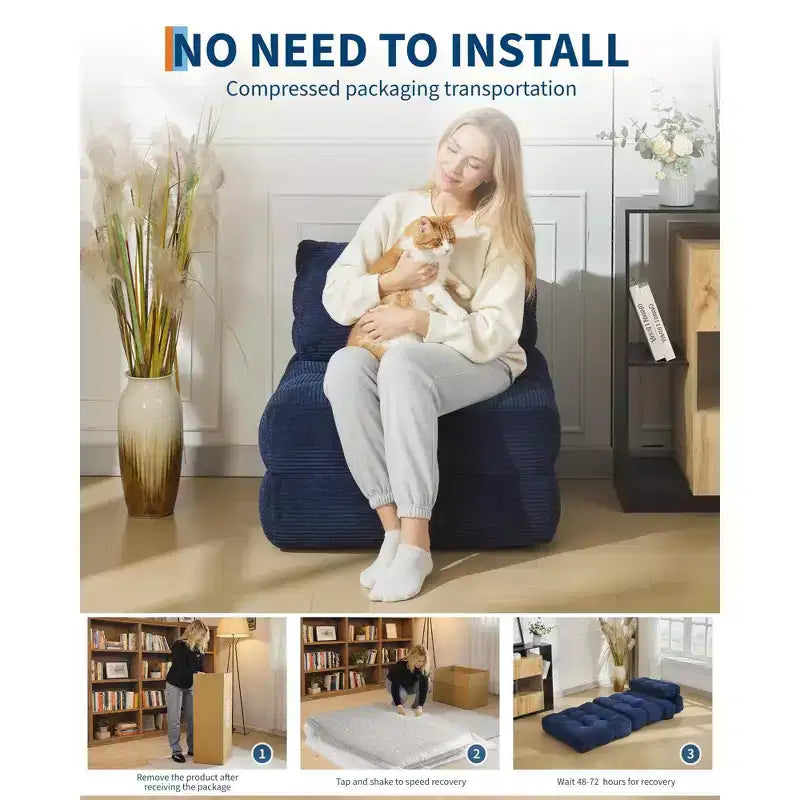 Divano Letto Pieghevole Convertibile 3-in-1 con Cuscino Materasso Pieghevole con Schienale, Comoda Poltrona Letto Portatile Divano da Terra per Soggiorno