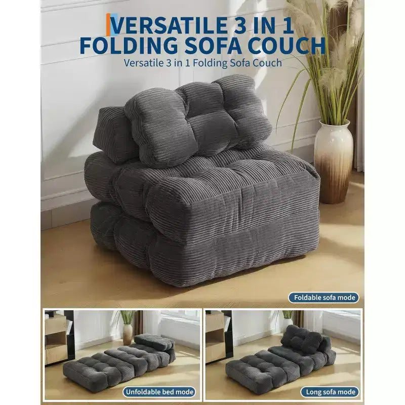 Divano Letto Pieghevole Convertibile 3-in-1 con Cuscino Materasso Pieghevole con Schienale, Comoda Poltrona Letto Portatile Divano da Terra per Soggiorno