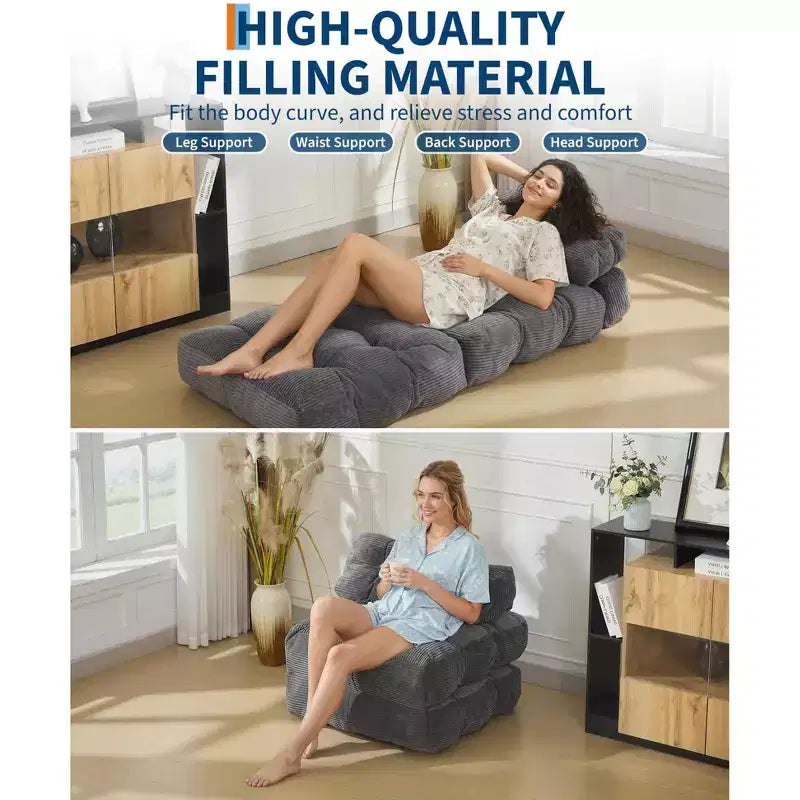 Divano Letto Pieghevole Convertibile 3-in-1 con Cuscino Materasso Pieghevole con Schienale, Comoda Poltrona Letto Portatile Divano da Terra per Soggiorno
