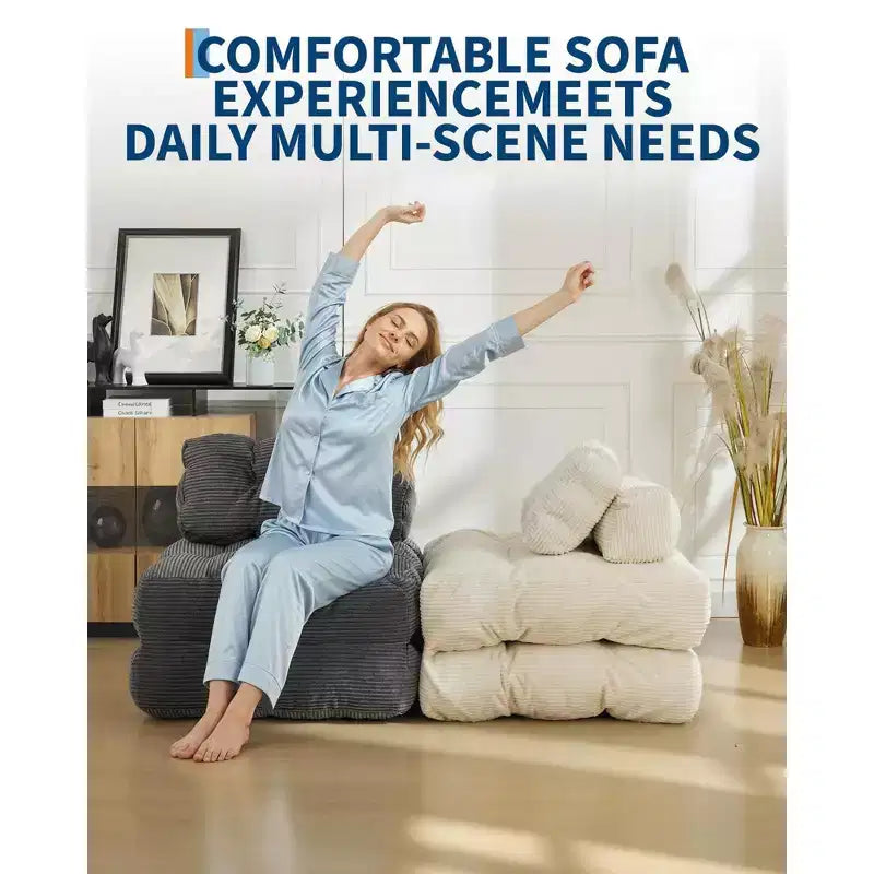 Divano Letto Pieghevole Convertibile 3-in-1 con Cuscino Materasso Pieghevole con Schienale, Comoda Poltrona Letto Portatile Divano da Terra per Soggiorno