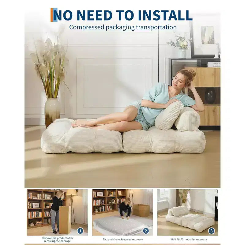 Divano Letto Pieghevole Convertibile 3-in-1 con Cuscino Materasso Pieghevole con Schienale, Comoda Poltrona Letto Portatile Divano da Terra per Soggiorno