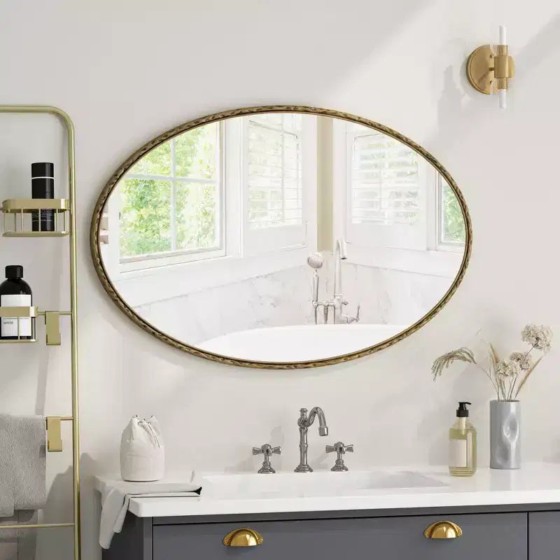 Specchio da bagno ovale vintage Okak 39IN con cornice in metallo, specchio da parete effetto invecchiato, specchio da trucco per bagno, soggiorno, camera da letto