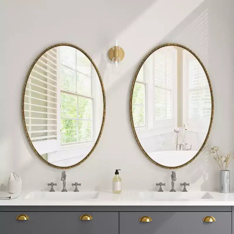 Specchio da bagno ovale vintage Okak 39IN con cornice in metallo, specchio da parete effetto invecchiato, specchio da trucco per bagno, soggiorno, camera da letto