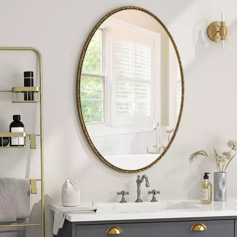 Specchio da bagno ovale vintage Okak 39IN con cornice in metallo, specchio da parete effetto invecchiato, specchio da trucco per bagno, soggiorno, camera da letto