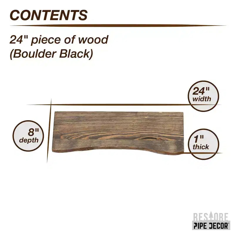 RESTORE Boulder Black Mensola in legno con bordo vivo da 24 pollici (solo legno) di Pipe Decor