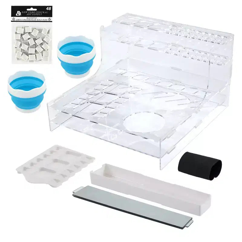 HG Art Concepts Mezzo Artist Studio Watercolor Organizer - Watercolor Paint Brush Holder w/ Palette, Drip Pan, Collapsible Cups, Magnetic Half Pans &
