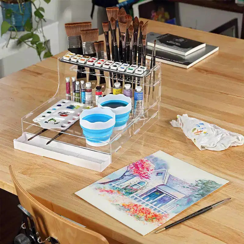 HG Art Concepts Organizer per acquerelli da studio Mezzo Artist - Porta pennelli per acquerelli con tavolozza, vaschetta raccogligocce, bicchieri pieghevoli, mezze vaschette magnetiche e