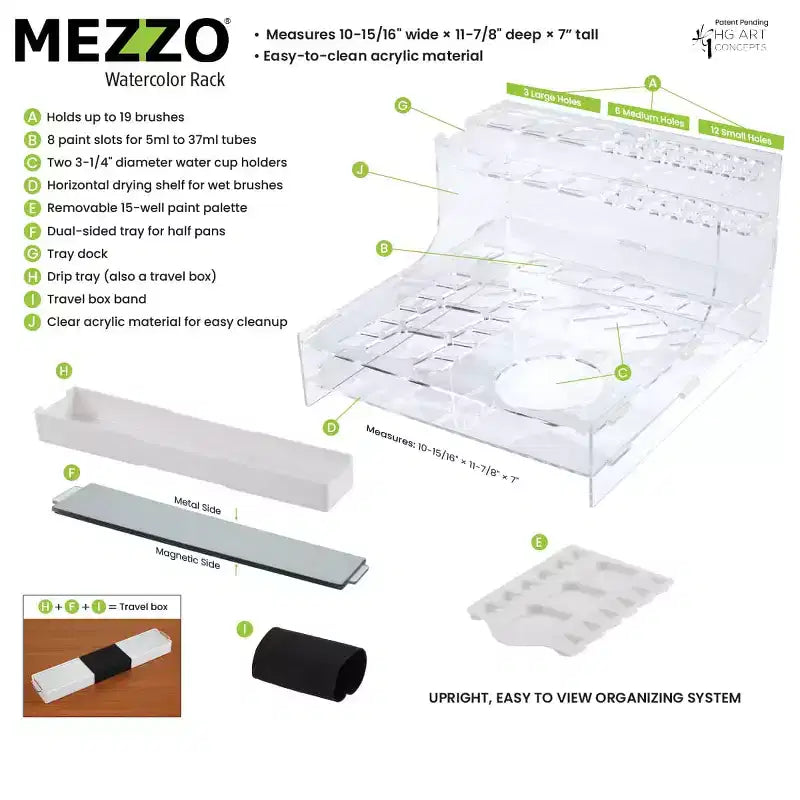 HG Art Concepts Organizer per acquerelli da studio Mezzo Artist - Porta pennelli per acquerelli con tavolozza, vaschetta raccogligocce, bicchieri pieghevoli, mezze vaschette magnetiche e