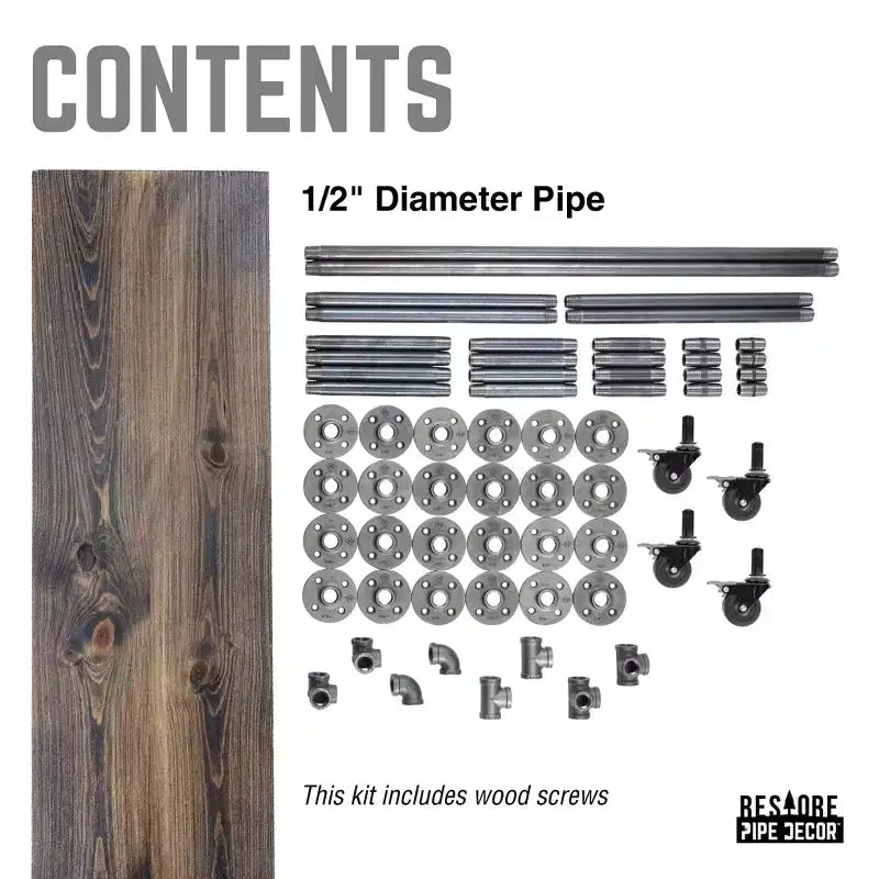 Carrello da bar industriale Pipe Decor a tre ripiani in legno con ruote bloccabili, Boulder Black