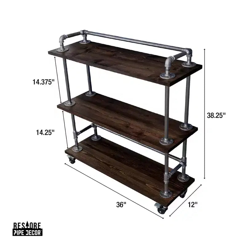 Carrello da bar industriale Pipe Decor a tre ripiani in legno con ruote bloccabili, Boulder Black