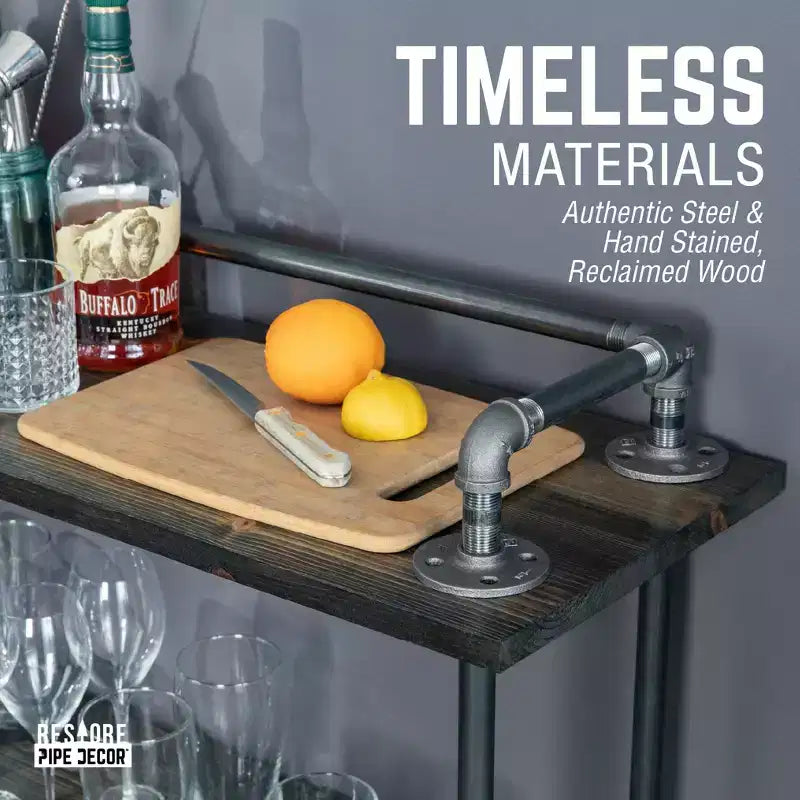 Carrello da bar industriale Pipe Decor a tre ripiani in legno con ruote bloccabili, Boulder Black