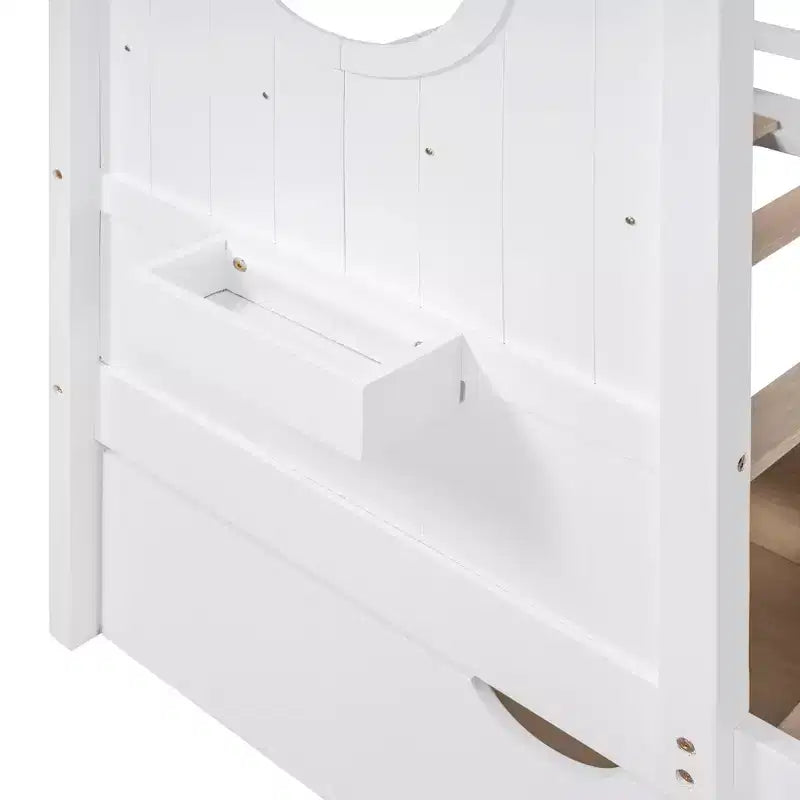 Letto a capanna con tetto e finestra, struttura letto a giorno in legno con mensole e 2 cassetti per bambini e bambine, bianco