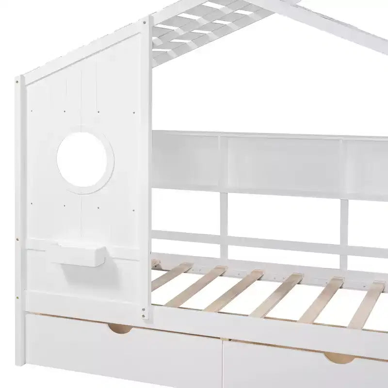Letto a capanna con tetto e finestra, struttura letto a giorno in legno con mensole e 2 cassetti per bambini e bambine, bianco