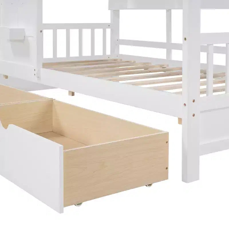 Letto a capanna con tetto e finestra, struttura letto a giorno in legno con mensole e 2 cassetti per bambini e bambine, bianco
