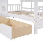 Letto a capanna con tetto e finestra, struttura letto a giorno in legno con mensole e 2 cassetti per bambini e bambine, bianco