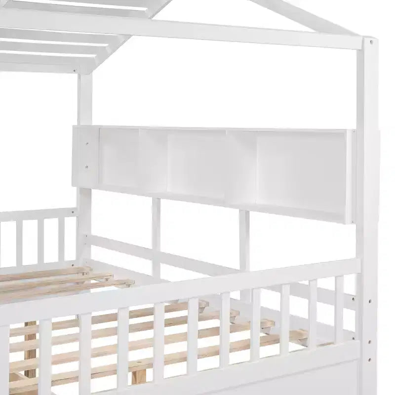 Letto a capanna con tetto e finestra, struttura letto a giorno in legno con mensole e 2 cassetti per bambini e bambine, bianco