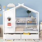 Letto a capanna con tetto e finestra, struttura letto a giorno in legno con mensole e 2 cassetti per bambini e bambine, bianco