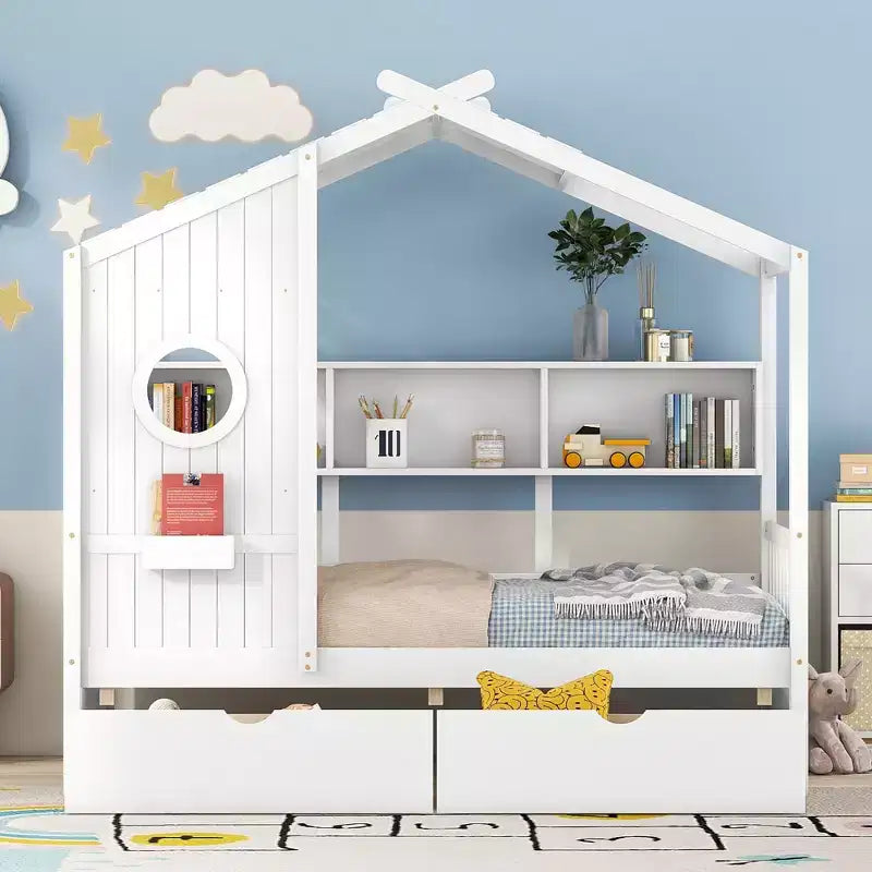 Letto a capanna con tetto e finestra, struttura letto a giorno in legno con mensole e 2 cassetti per bambini e bambine, bianco
