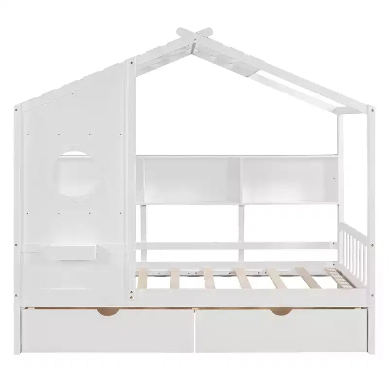 Letto a capanna con tetto e finestra, struttura letto a giorno in legno con mensole e 2 cassetti per bambini e bambine, bianco