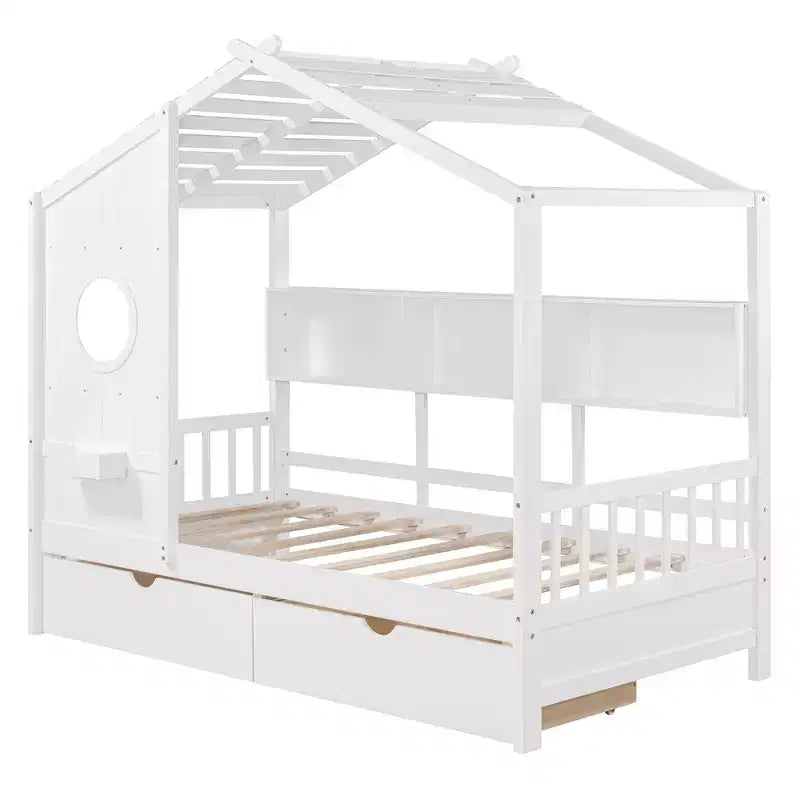 Letto a capanna con tetto e finestra, struttura letto a giorno in legno con mensole e 2 cassetti per bambini e bambine, bianco