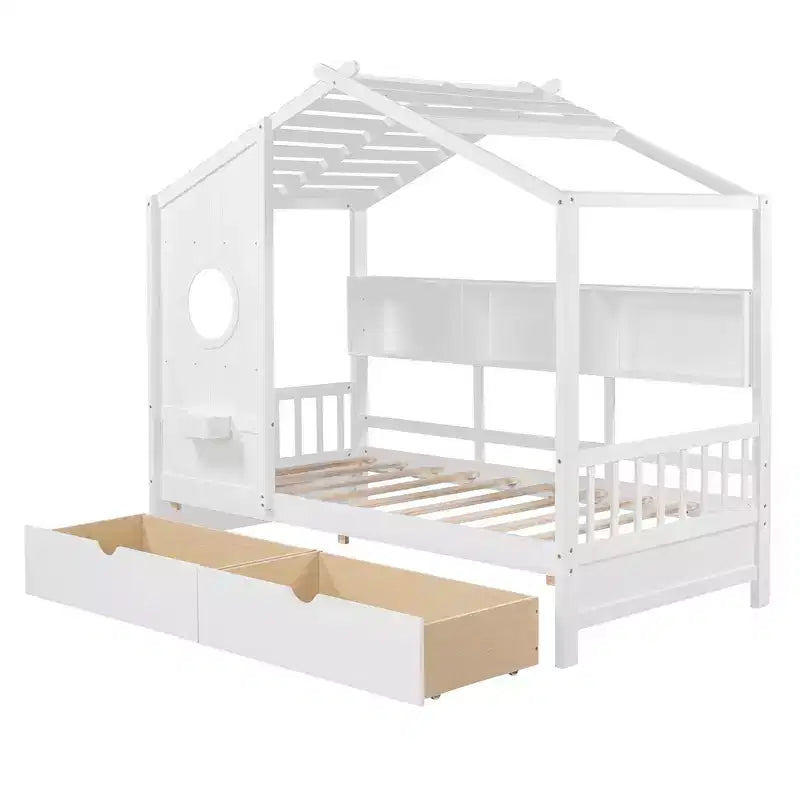 Letto a capanna con tetto e finestra, struttura letto a giorno in legno con mensole e 2 cassetti per bambini e bambine, bianco