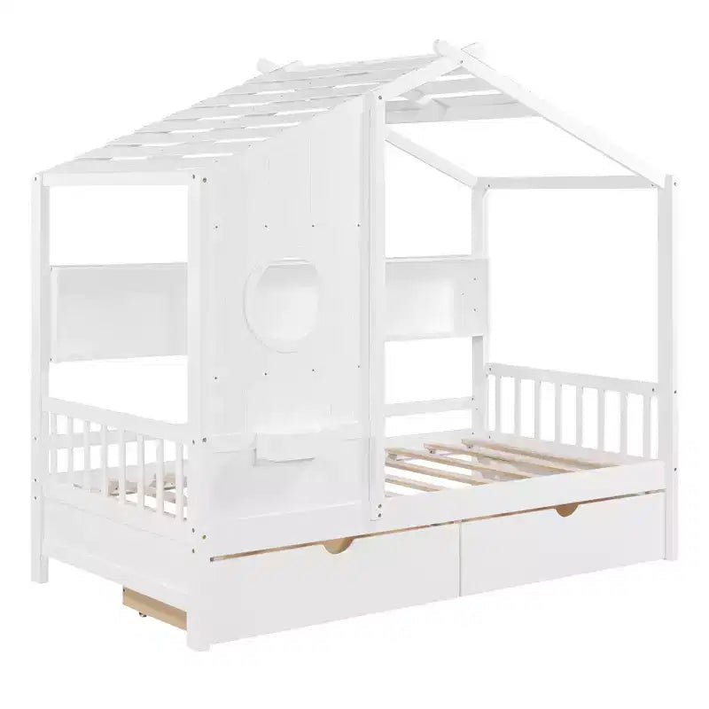 Letto a capanna con tetto e finestra, struttura letto a giorno in legno con mensole e 2 cassetti per bambini e bambine, bianco