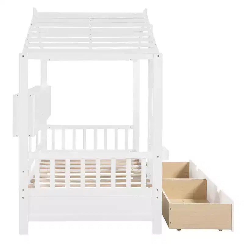 Letto a capanna con tetto e finestra, struttura letto a giorno in legno con mensole e 2 cassetti per bambini e bambine, bianco