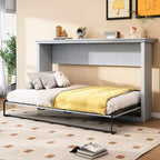Letto a scomparsa matrimoniale in legno, letto a parete ripiegabile a cubo con piattaforma completa per camera da letto, camera degli ospiti, ufficio, grigio
