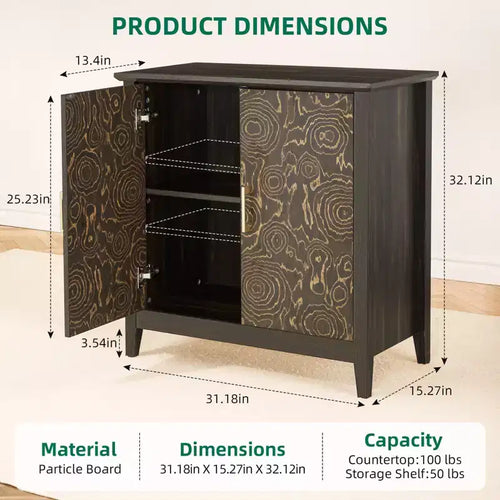 Mobiletto decorativo a 2 ante con ripiani regolabili, Credenza con gambe in legno, Mobile contenitore decorativo per soggiorno, Motivo ad anelli di albero intagliato