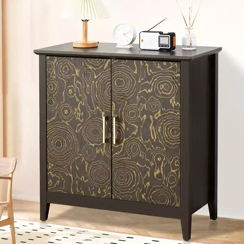 Mobiletto decorativo a 2 ante con ripiani regolabili, Credenza con gambe in legno, Mobile contenitore decorativo per soggiorno, Motivo ad anelli di albero intagliato