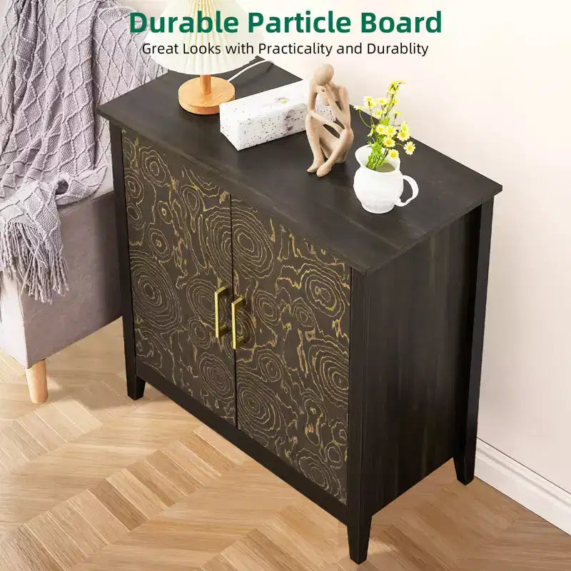 Mobiletto decorativo a 2 ante con ripiani regolabili, Credenza con gambe in legno, Mobile contenitore decorativo per soggiorno, Motivo ad anelli di albero intagliato