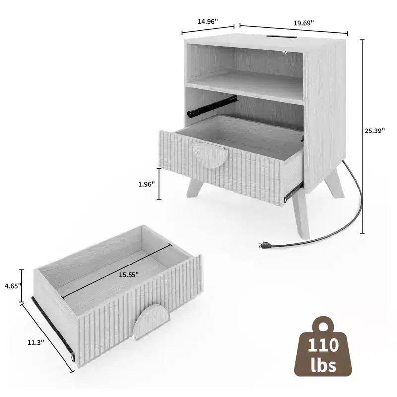 GustoWave Comodino a flauto stile fattoria, set da 1/2, comodini alti in legno, tavolino con 2 cassetti, ripiano aperto e piedini