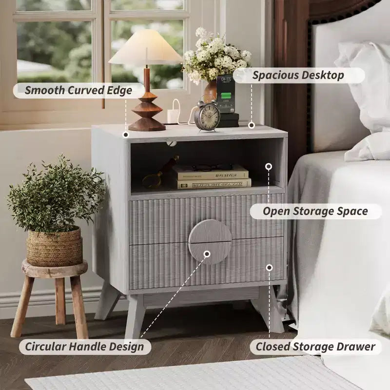 GustoWave Comodino a flauto stile fattoria, set da 1/2, comodini alti in legno, tavolino con 2 cassetti, ripiano aperto e piedini