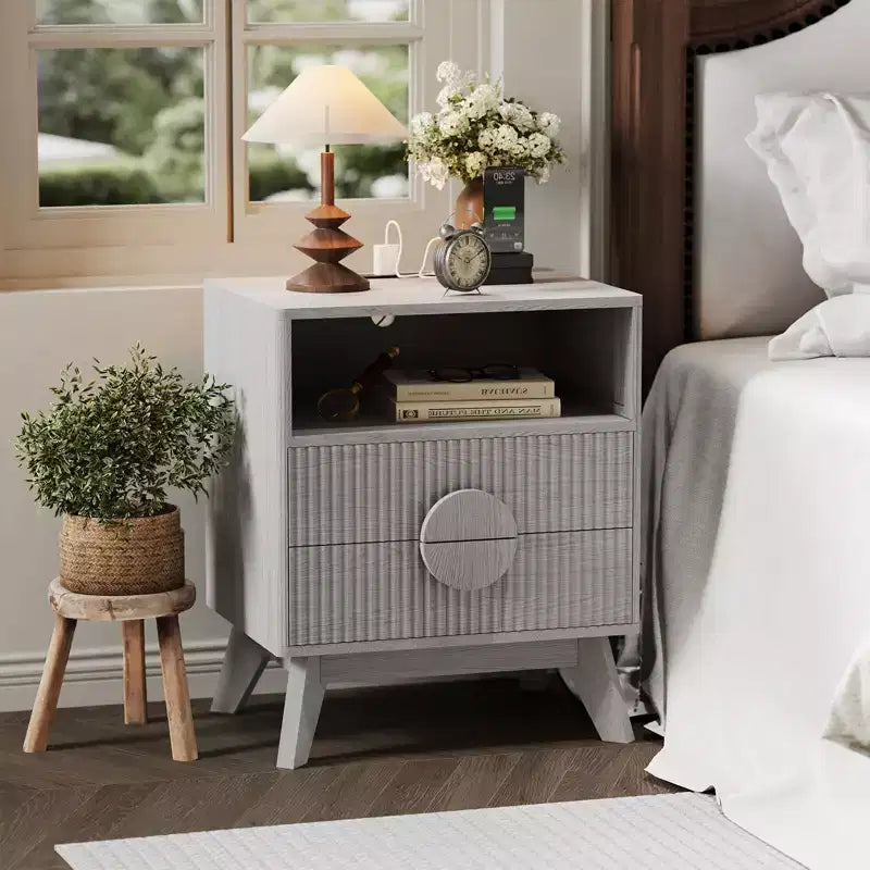 GustoWave Comodino a flauto stile fattoria, set da 1/2, comodini alti in legno, tavolino con 2 cassetti, ripiano aperto e piedini