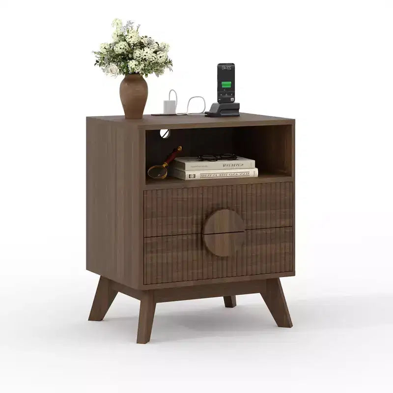 GustoWave Comodino a flauto stile fattoria, set da 1/2, comodini alti in legno, tavolino con 2 cassetti, ripiano aperto e piedini