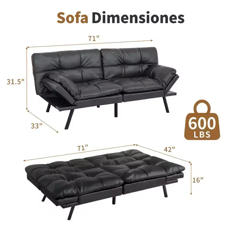 Dyonery 71 Divano Letto Futon Convertibile in Ecopelle con Schienale e Braccioli Regolabili, Comodo Divano Letto per Spazi Ridotti