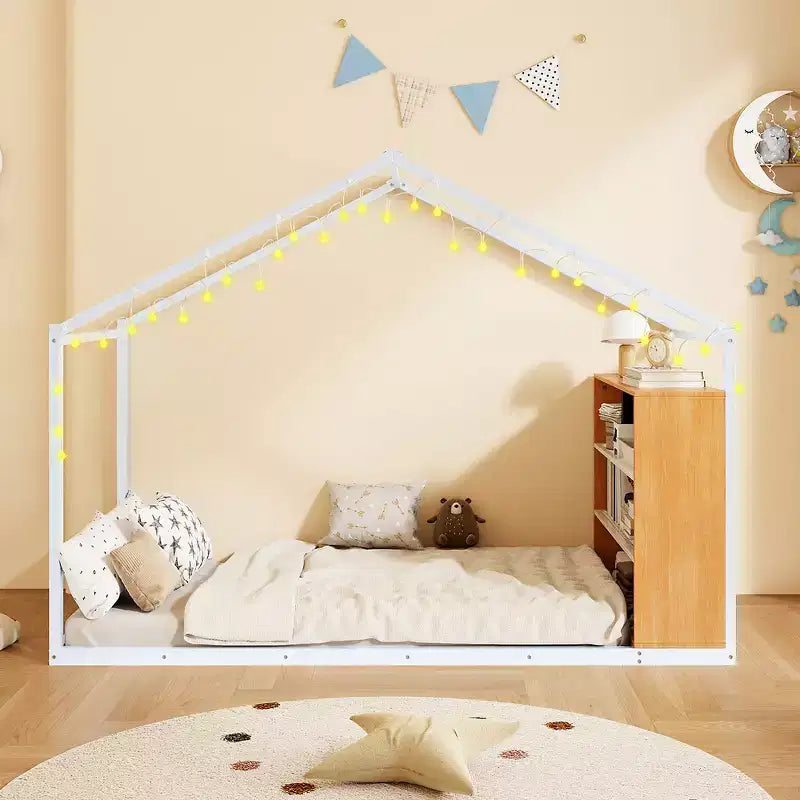 Whisen Letto Matrimoniale in Metallo a Casetta con Ripiani Integrati e Illuminazione a LED da Sogno, Un Ambiente di Sonno Migliore
