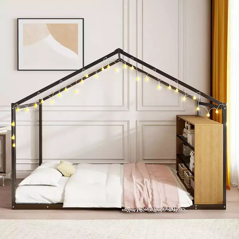 Whisen Letto Matrimoniale in Metallo a Casetta con Ripiani Integrati e Illuminazione a LED da Sogno, Un Ambiente di Sonno Migliore