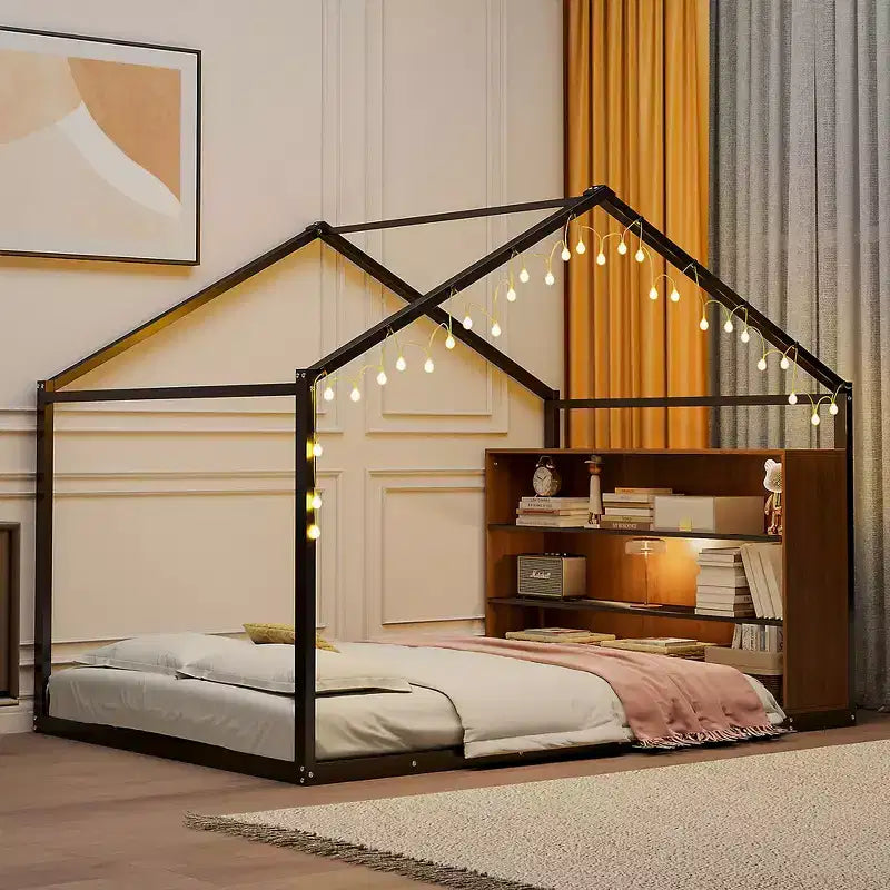 Whisen Letto Matrimoniale in Metallo a Casetta con Ripiani Integrati e Illuminazione a LED da Sogno, Un Ambiente di Sonno Migliore