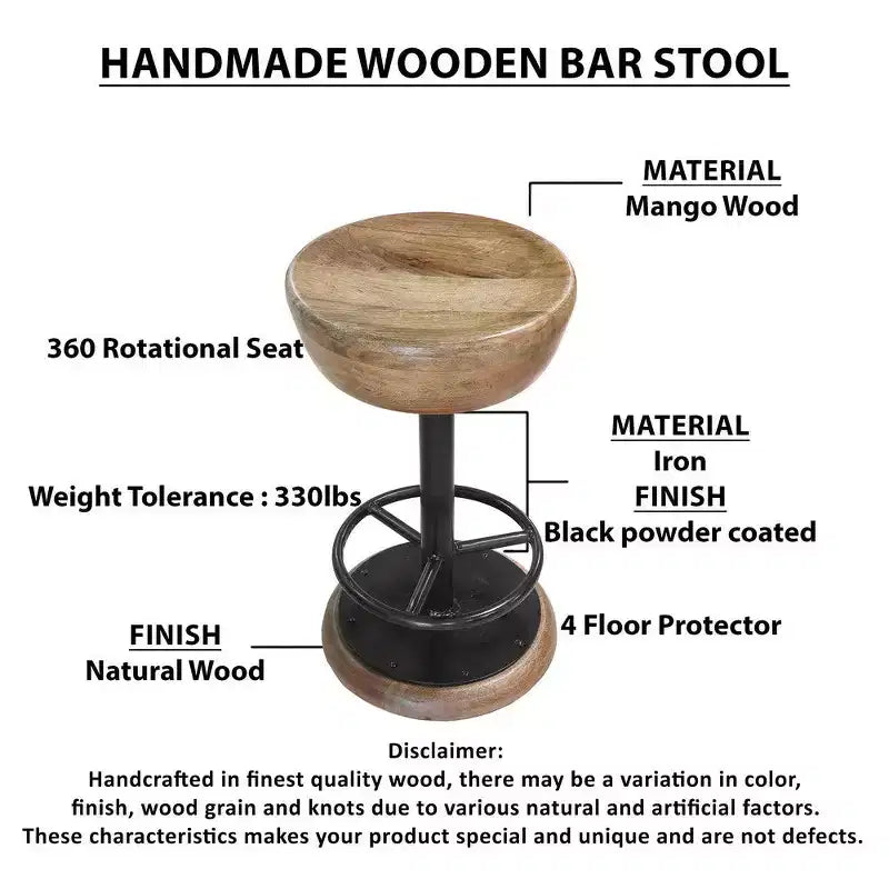 Sgabello da bancone girevole Royal Hampton Rustic Charm, 24 pollici, sedile rotondo in legno di mango marrone lavorato a mano, base in ferro nero con poggiapiedi
