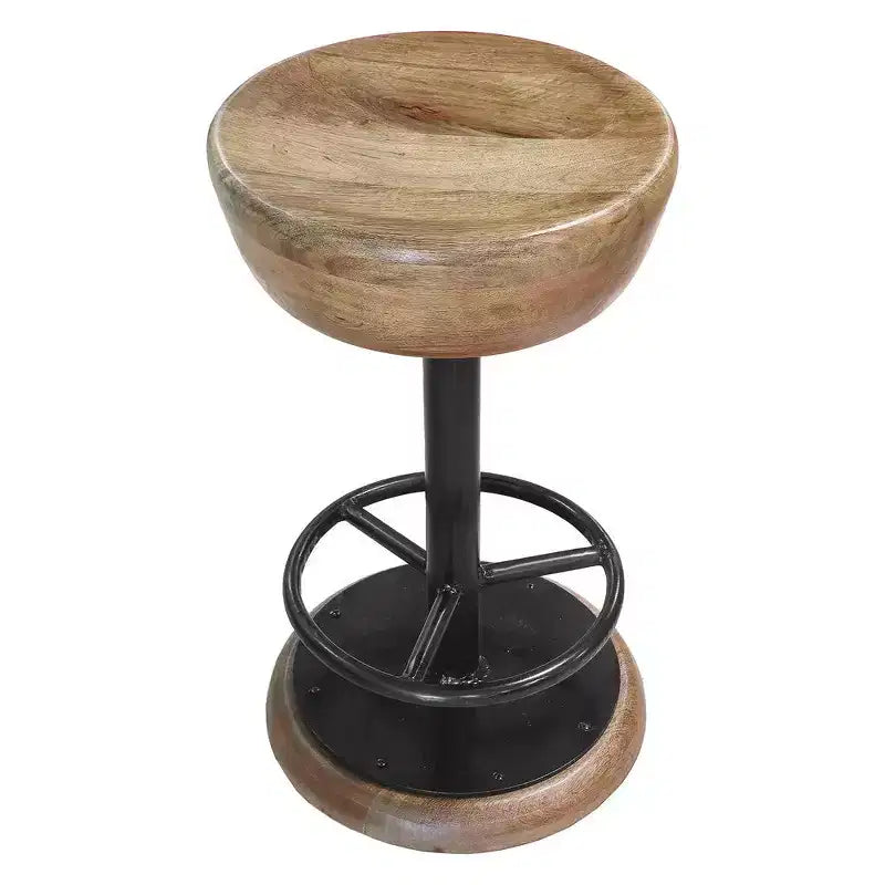 Sgabello da bancone girevole Royal Hampton Rustic Charm, 24 pollici, sedile rotondo in legno di mango marrone lavorato a mano, base in ferro nero con poggiapiedi