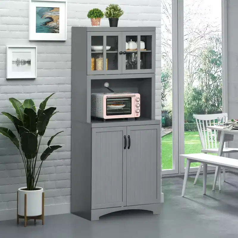 Credenza da Cucina, Mobile Dispensa da 70 con Anta a Cornice in Vetro, Mobile Contenitore con Ripiani Regolabili e Spazio per Microonde per Sala da Pranzo