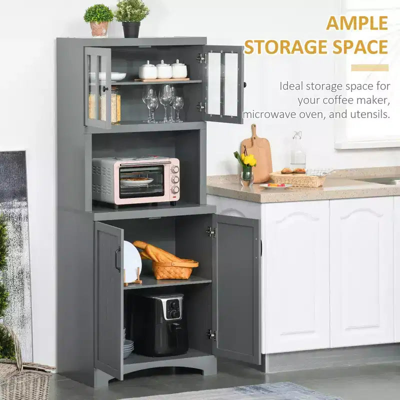 Credenza da Cucina, Mobile Dispensa da 70 con Anta a Cornice in Vetro, Mobile Contenitore con Ripiani Regolabili e Spazio per Microonde per Sala da Pranzo