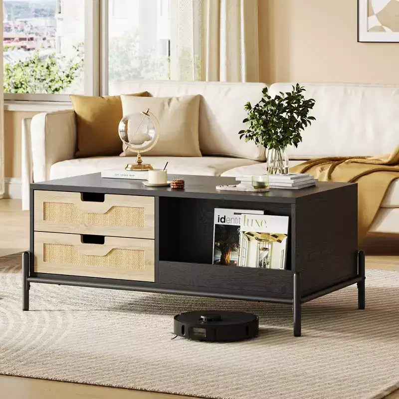 Tavolino da caffè in rattan in stile Boho rustico con 4 cassetti intrecciati e ripiano aperto, Tavolini da caffè con luci a LED, Tavolino centrale in legno per soggiorno