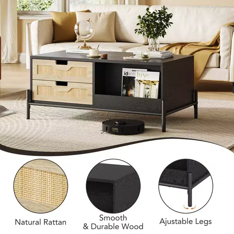 Tavolino da caffè in rattan in stile Boho rustico con 4 cassetti intrecciati e ripiano aperto, Tavolini da caffè con luci a LED, Tavolino centrale in legno per soggiorno