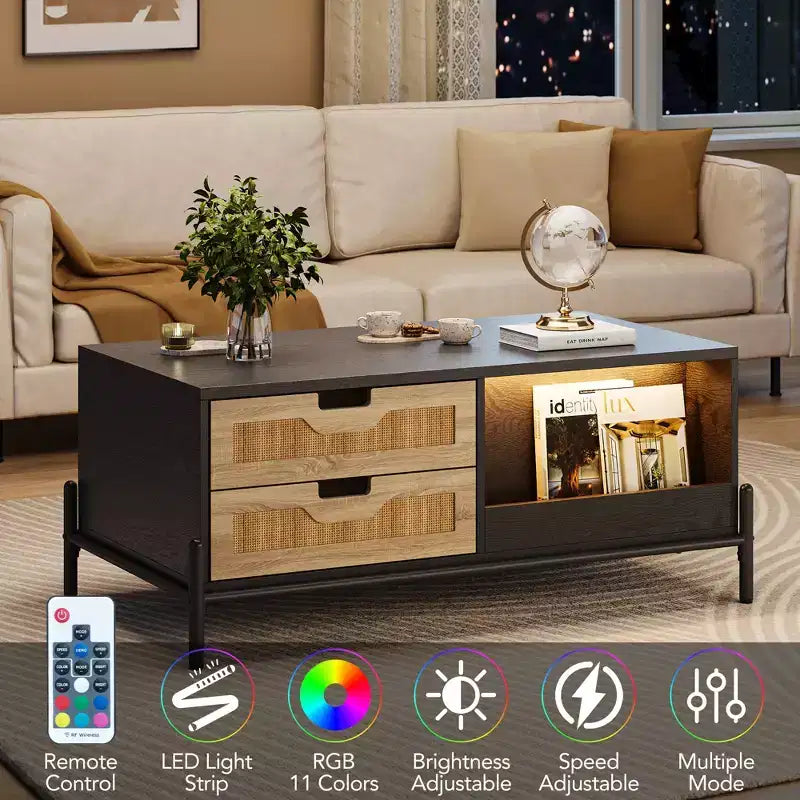 Tavolino da caffè in rattan in stile Boho rustico con 4 cassetti intrecciati e ripiano aperto, Tavolini da caffè con luci a LED, Tavolino centrale in legno per soggiorno