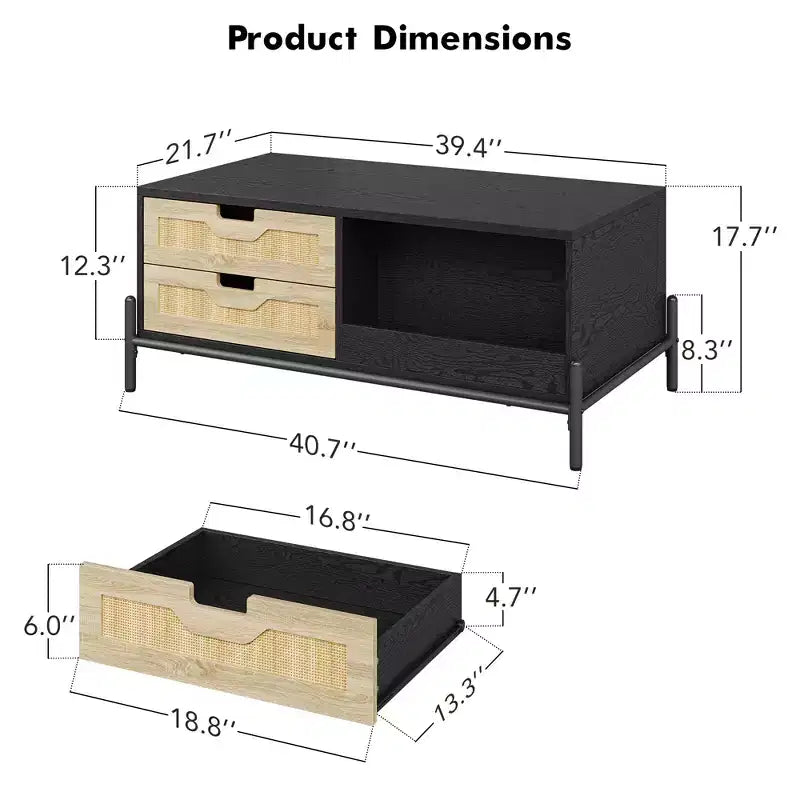 Tavolino da caffè in rattan in stile Boho rustico con 4 cassetti intrecciati e ripiano aperto, Tavolini da caffè con luci a LED, Tavolino centrale in legno per soggiorno