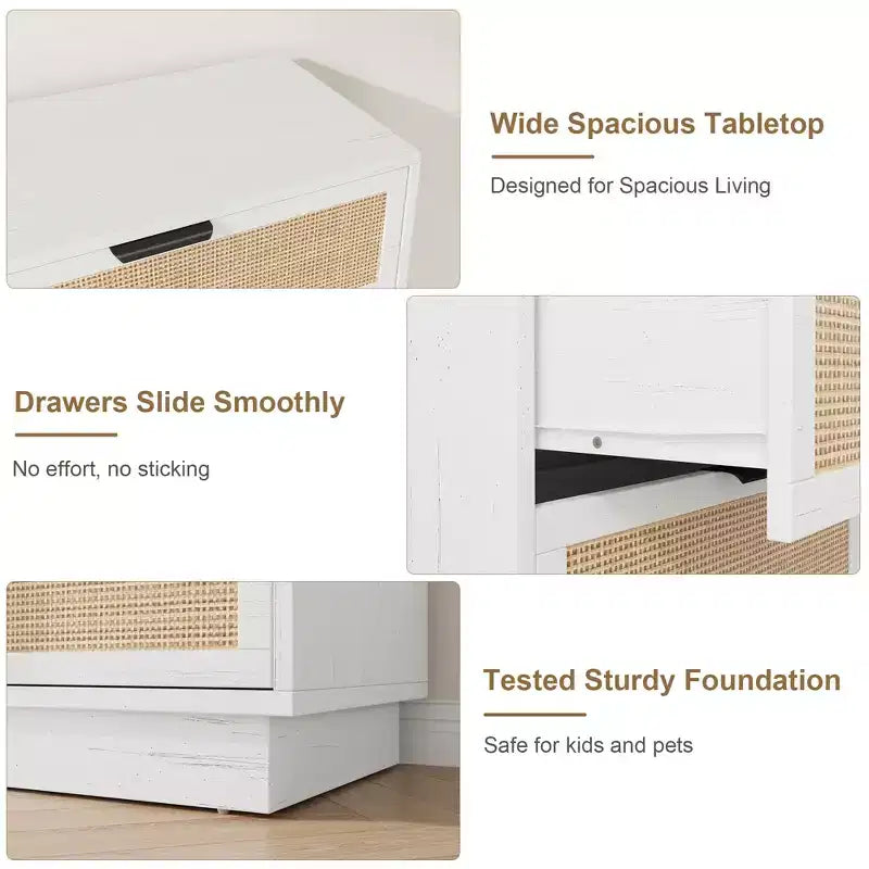 Cassettiera in Rattan a 5 Cassetti, Alta 118,6 cm, Bianco Antico, Cassettiera a 5 Cassetti con Maniglie in Metallo e Robusta Base in Legno per Camera da Letto, Soggiorno, Cameretta