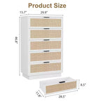 Cassettiera in Rattan a 5 Cassetti, Alta 118,6 cm, Bianco Antico, Cassettiera a 5 Cassetti con Maniglie in Metallo e Robusta Base in Legno per Camera da Letto, Soggiorno, Cameretta