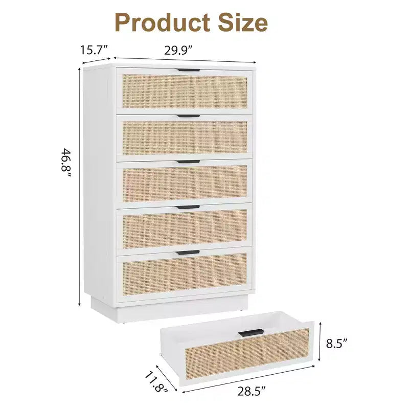Cassettiera in Rattan a 5 Cassetti, Alta 118,6 cm, Bianco Antico, Cassettiera a 5 Cassetti con Maniglie in Metallo e Robusta Base in Legno per Camera da Letto, Soggiorno, Cameretta